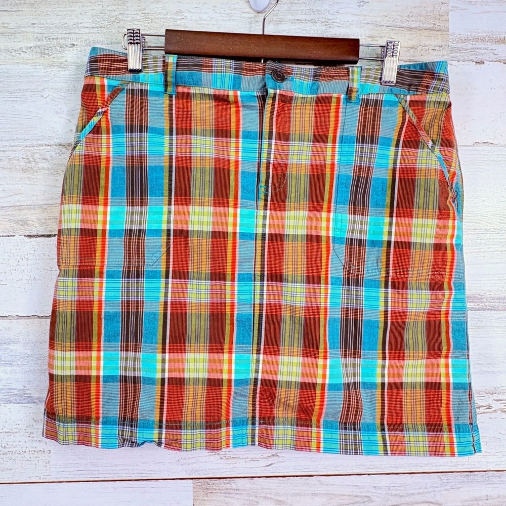 Christopher & Banks Womens Orange Blue Plaid Mini Skirt Skort Size 10